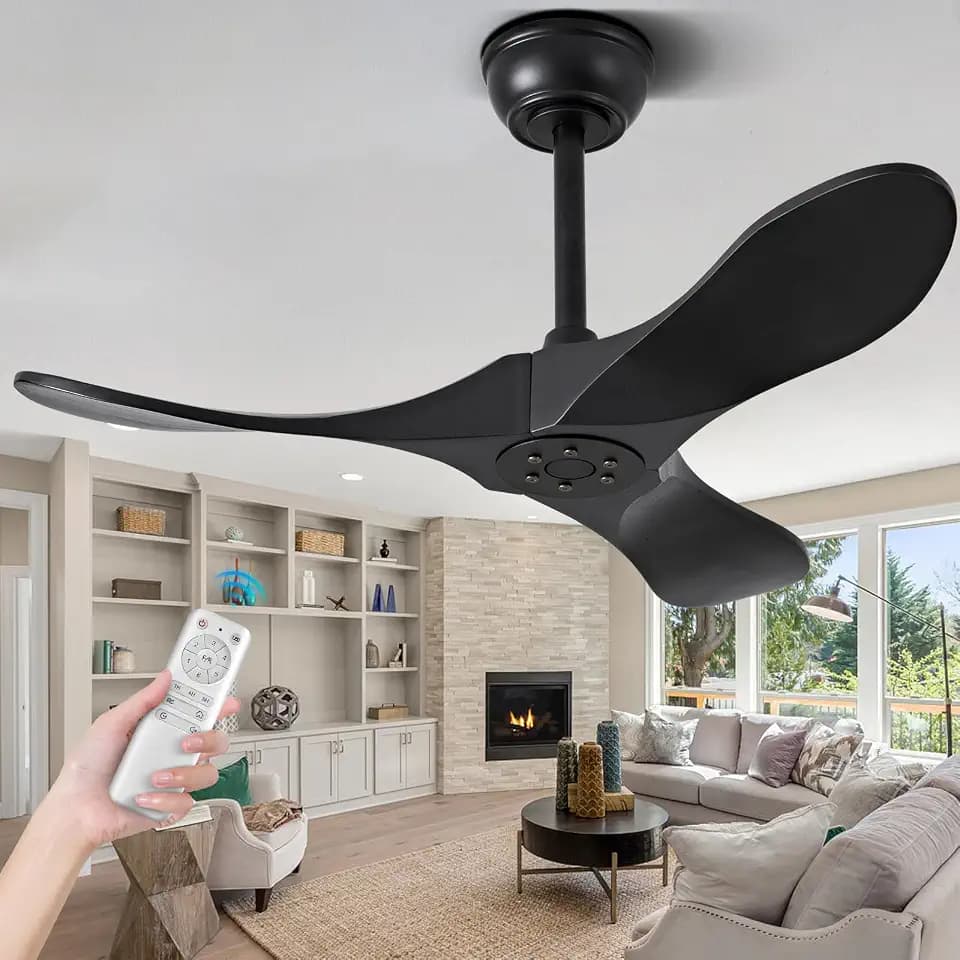QWO 36" Black Small Outdoor Ceiling Fan No Light, Solid Wood Modern Ceiling Fan With Remote, Rustic Quiet 3 Blade Dc High Cfm Patio Ceiling Fans Without Lights, Exterior Gazebo Cieling Fan For Porch