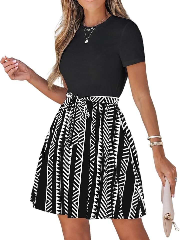 CUPSHE Damen Sommerkleid Rundhals Kurzarm Bindegürtel A Linie T Shirt Kleid