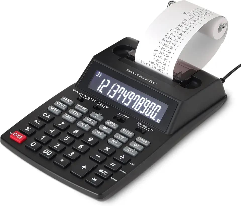 Amazon Basics Printing Calculator with 12-Digit LCD Display, Adding Machine with Thermal Print Out for Business & Tax, Desktop, Black