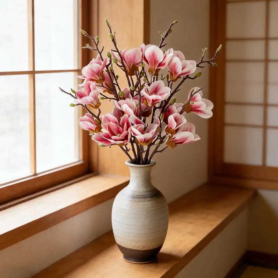 2 PCS 35inch Artificial Magnolia Flowers 3D Real Touch 10 Heads Faux Magnolia Flowers Realistic Long Stem with Green Leaves for Home Wedding Table Office Floral Arrangement Decoration (Pink)