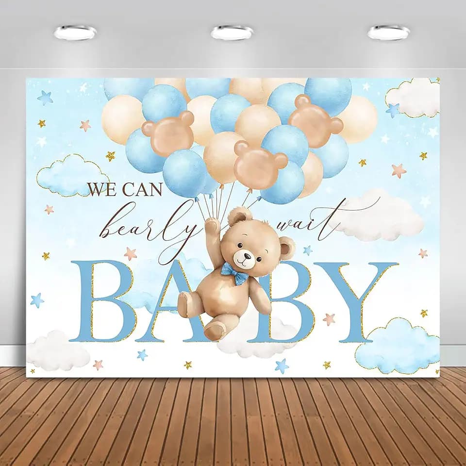 Bear Baby Shower Backdrop We Can Bearly Wait Party Decorations Background for Boy Bear Theme Baby Shower Banner Photo Booth Prop (Blue, 10x7ft)