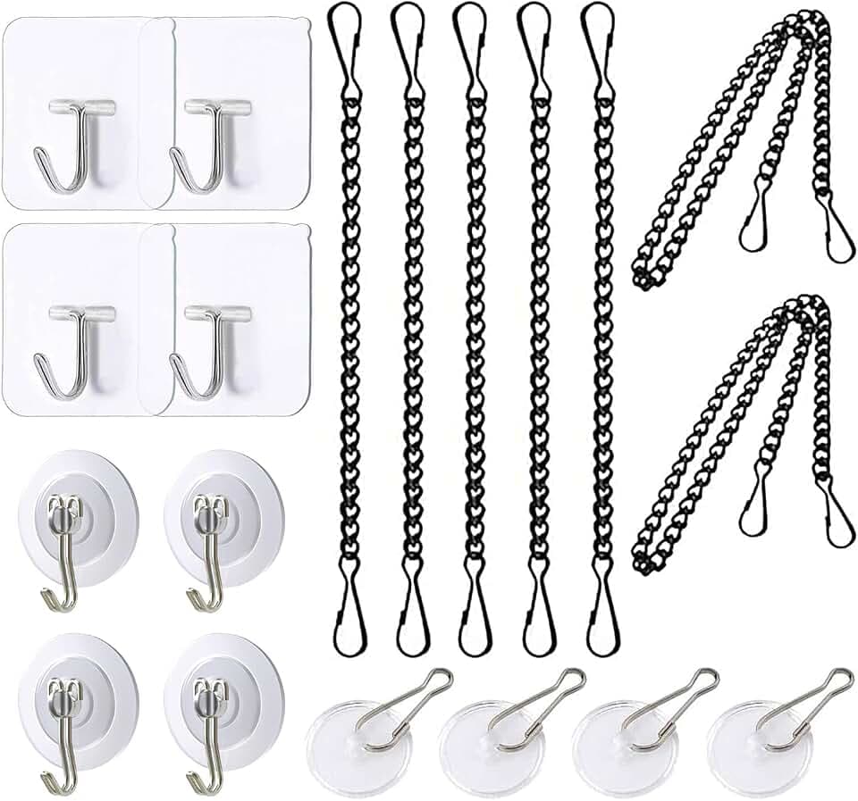 Stained Glass Window Hanging Chain Kit With Adhesive Hooks, Sunshine Catcher Metal Nickel Plating Panels, 7 Chains and 12 Hooks
