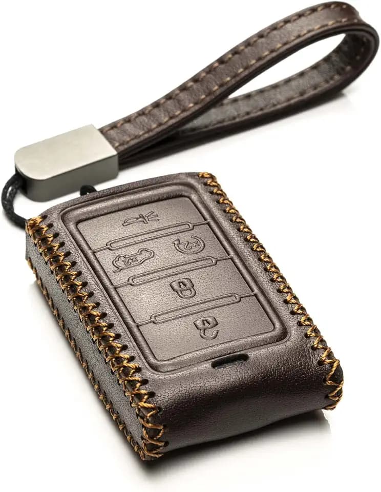 Vitodeco Genuine Leather Smart Key Fob Case Compatible with Jeep Wagoneer, Jeep Grand Wagoneer, Jeep Grand Cherokee 2022-2025 (5-Button, Brown)