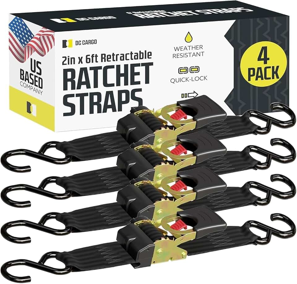 DC Cargo Mall Auto Retractable Ratchet Straps (4-Pack) 2” x 6ft, Heavy Duty, 4,033lb Break Strength – Tie Down Straps for Cargo, Truck, Trailer, Boats