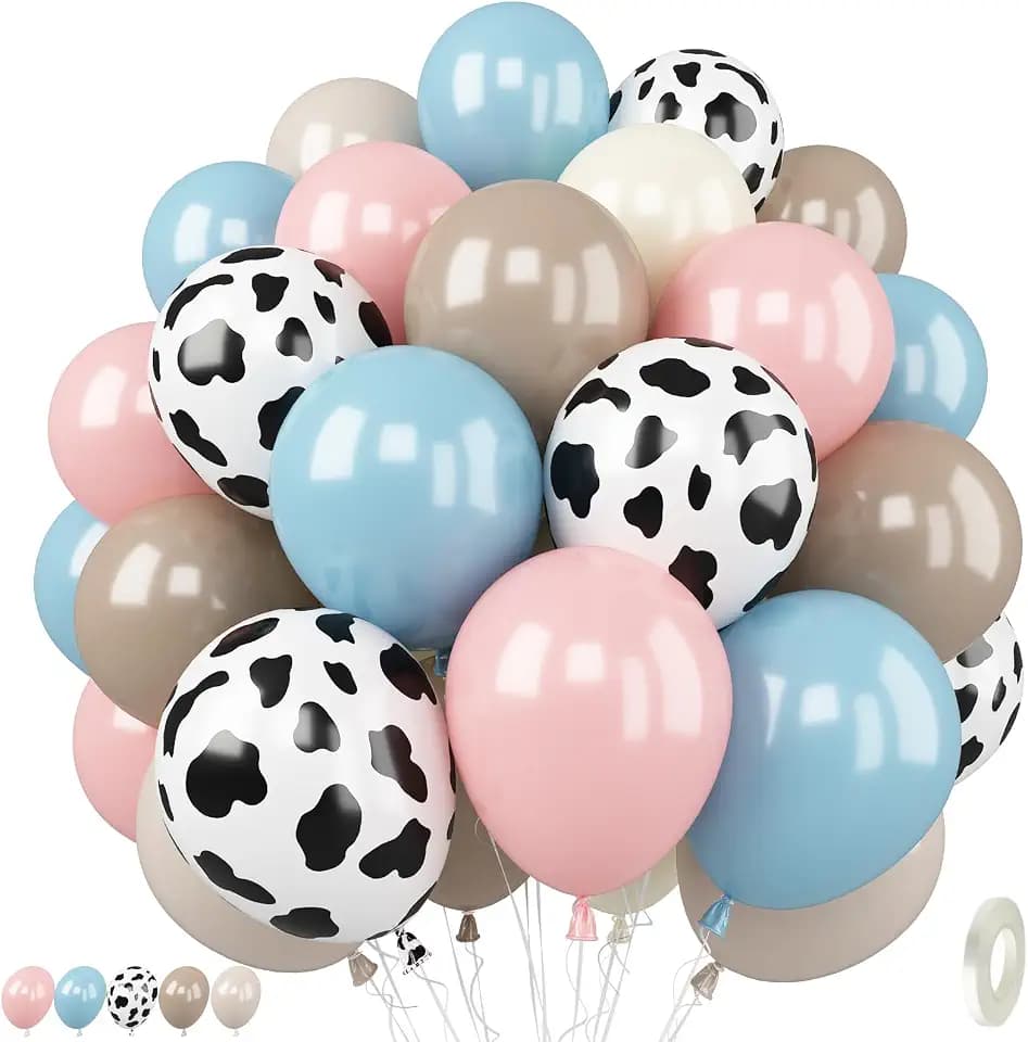 Cow Print Balloons, 12 Inch Baby Pink Blue Cow Print Latex Balloons, 50 Pcs Light Blue Pink Apricot White Balloon for Baby Shower Birthday Cowboy Cowgirl Western Rodeo Farm Gender Reveal Party Decor