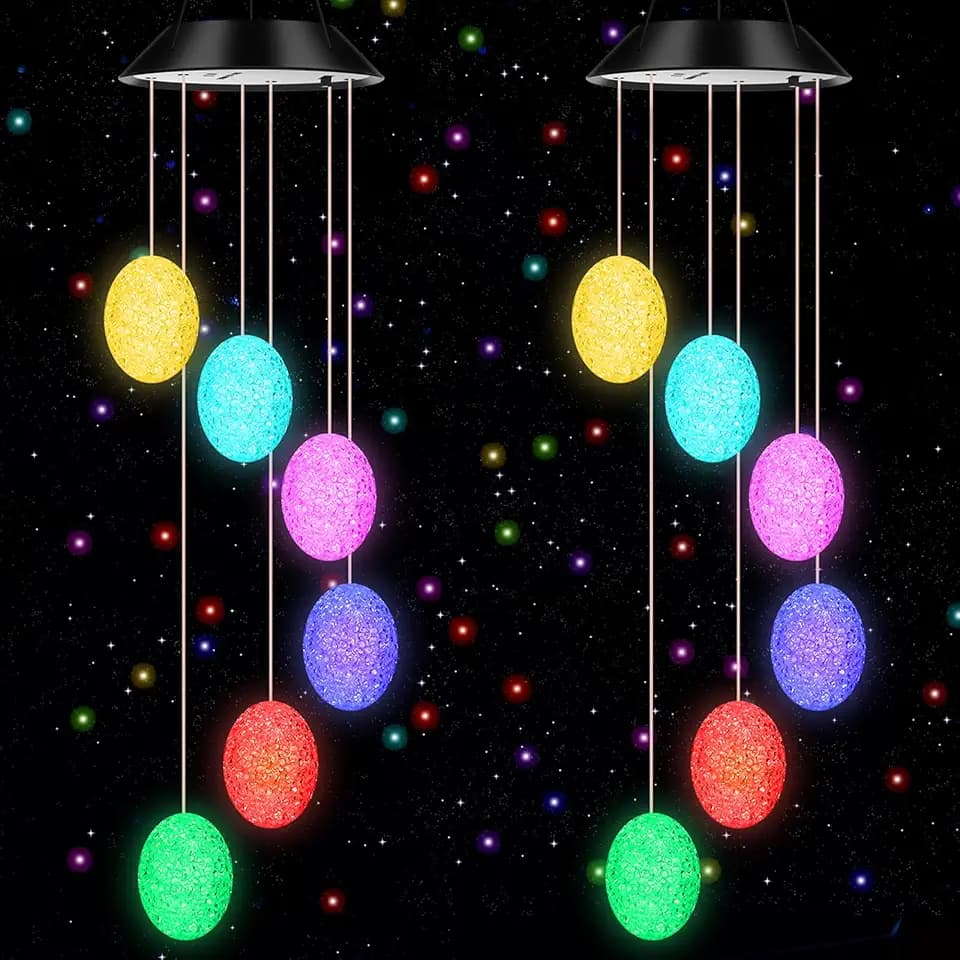 Glooglitter 2 Pcs Easter Eggs Solar Wind Chimes Wind Bell Light Hanging Solar Lights Changing Color Waterproof Decorative Mobiles for Easter Party, Garden, Window, Outdoor Decorations