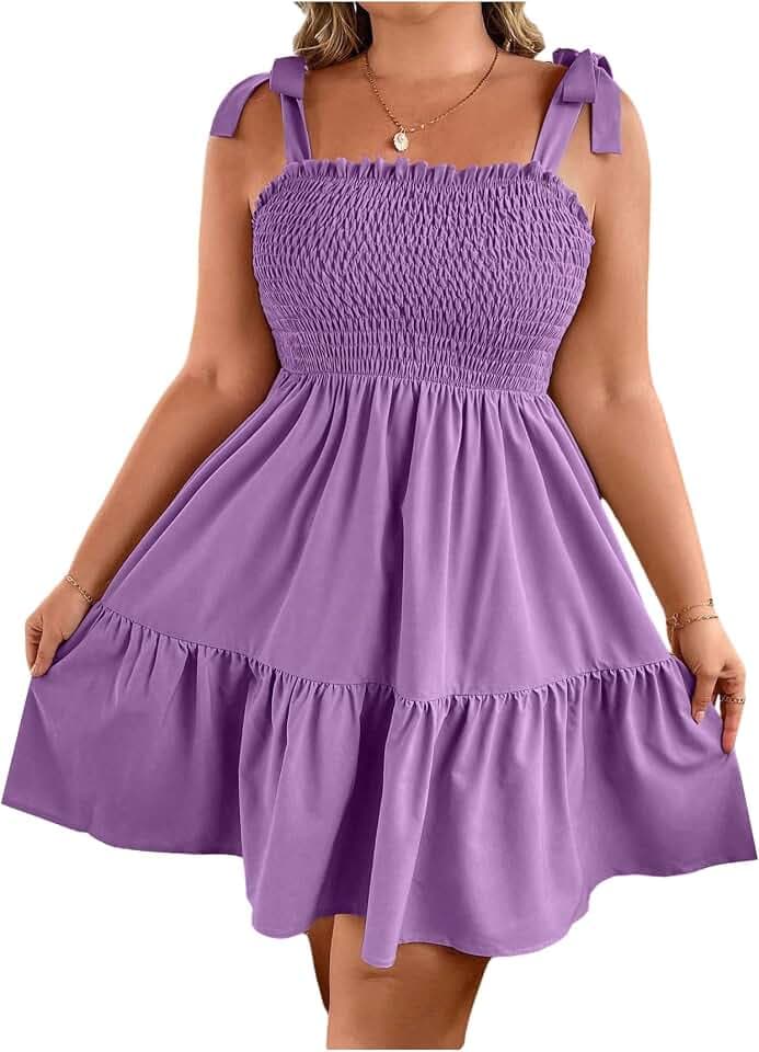 Floerns Women's Plus Size Summer Knot Tie Shoulder Ruffle Straps Flounce Flowy Smocked Sundress Shorts Dress