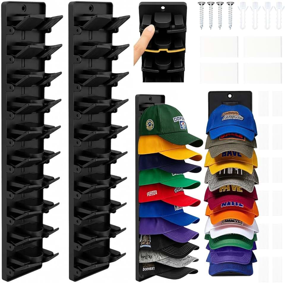 2 StüCk Cap Halter Kappenhalter für Bis Zu 40 HüTe, Cap Halterung Wand mit Integrierten Federklammern, Es Kann Die Form Des Hutes Erhalten Hutablage mit Starker Kleber & Schrauben(Schwarz)