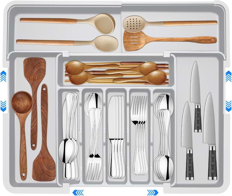 Besteckkasten für Schubladen, Besteckeinsatz Mit 9 Fächern, Großer Verstellbarer Besteckeinsatz für Messer Gabel Löffel, Zur Aufbewahrung Von Küchenbesteck, Schubladenaufbewahrung, Grau