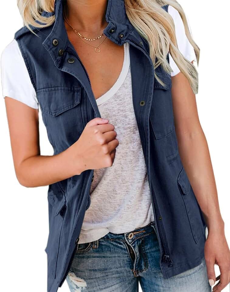 Imily Bela Damen Cargo Weste Ärmellos Übergangs Parka Jacke Kurz Mit Taschen und KordelzugFrühling Sommer Weste Oberbekleidung