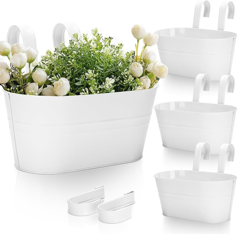 KINGLAKE 4 Stück 27CM Blumentöpfe zum Aufhängen Hängend，Weiß Blumentopf Metall,Große Hängetopf mit Abnehmbarem Haken und Loch, für Balkon, Zäune, Fenster, Geländer-27X 22X 12cm