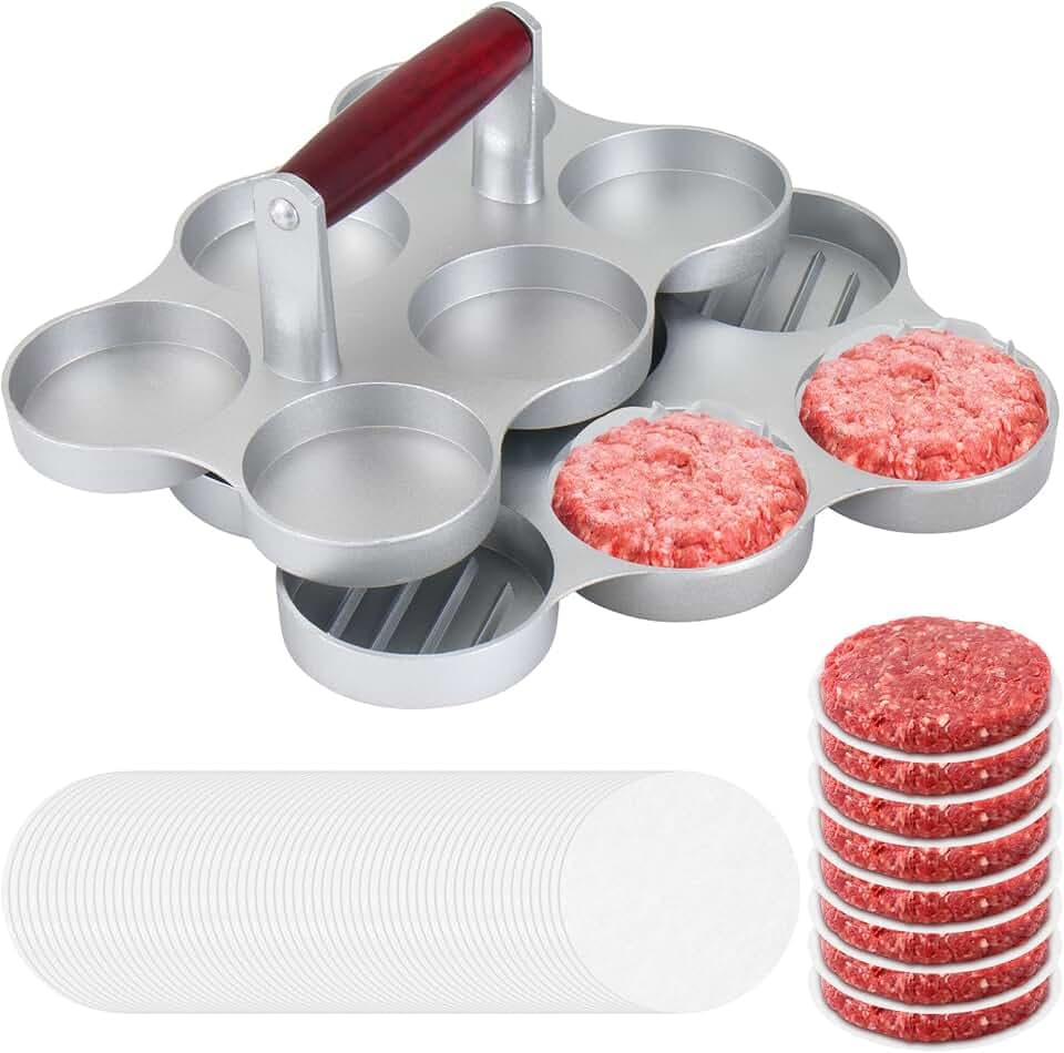 Mini Burger Presse Kleine Fleisch Patty Maker mit 300 Patty Papers Runde Form Presse Patty Maker für Mini Hamburger, Grillen, Picknick, Camping, Sechs 6,71 cm Schlitze (6 Steckplätze + 300