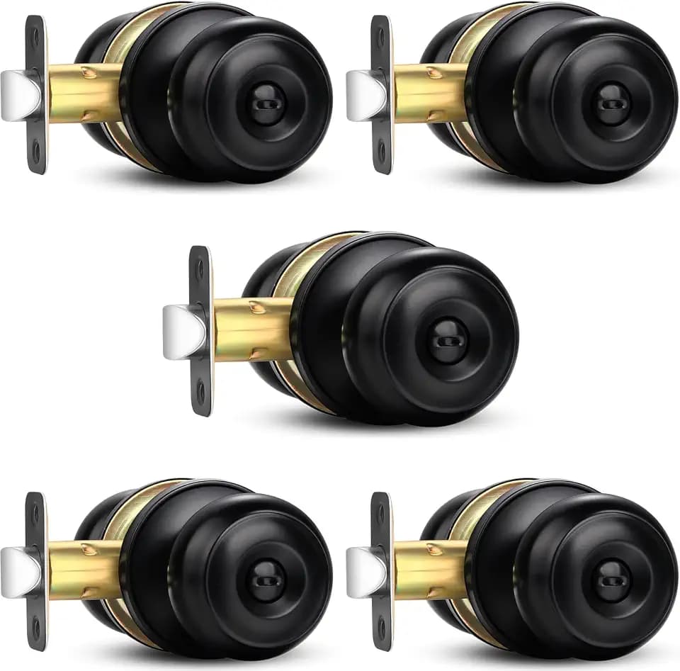Privacy Door Knob, 5 Pack Black Round Keyless Doorknobs Interior Lockset