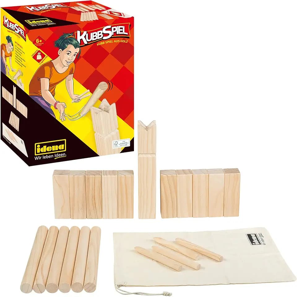 Idena 40175 - Kubb Spiel mit 10 Kubbs, 6 Wurfhölzern, König und 4 Eckstäben, inklusive Transport- und Aufbewahrungsbeutel