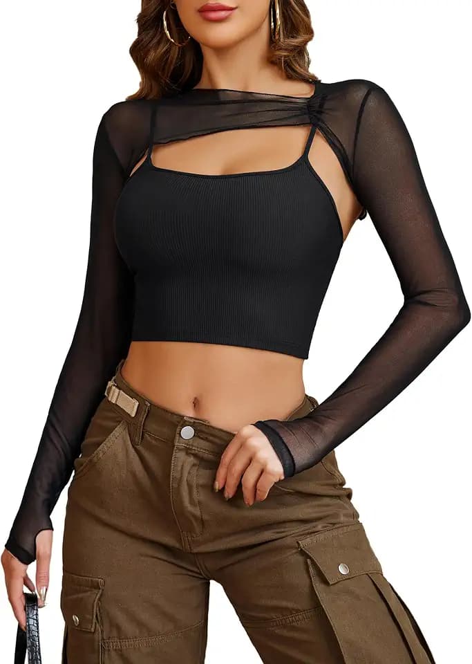 Avidlove Long Sleeve Mesh Shrug Cover Up with Thumb Hole & Cami Top 2 Piece