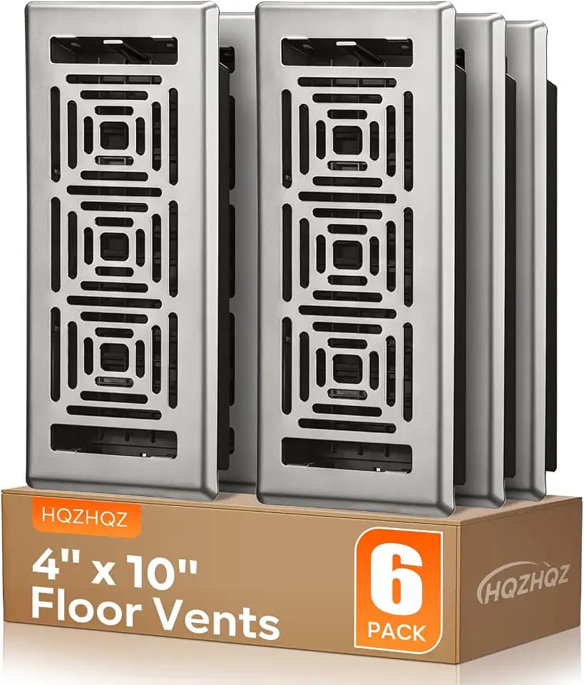 Floor Register 4x10, Heavy Duty Walkable Steel Floor Vent Covers, Easy Adjust Air Flow Direction Floor Registers, Silver Floor Vents, Boston Design Air Vents for Home, 6 Pack