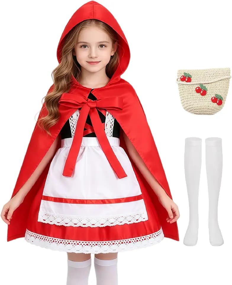 Girls Little Red Riding Hood Costume Kids Dress with Apron Book Character Halloween Costumes Birthday Fairy Tale Dress