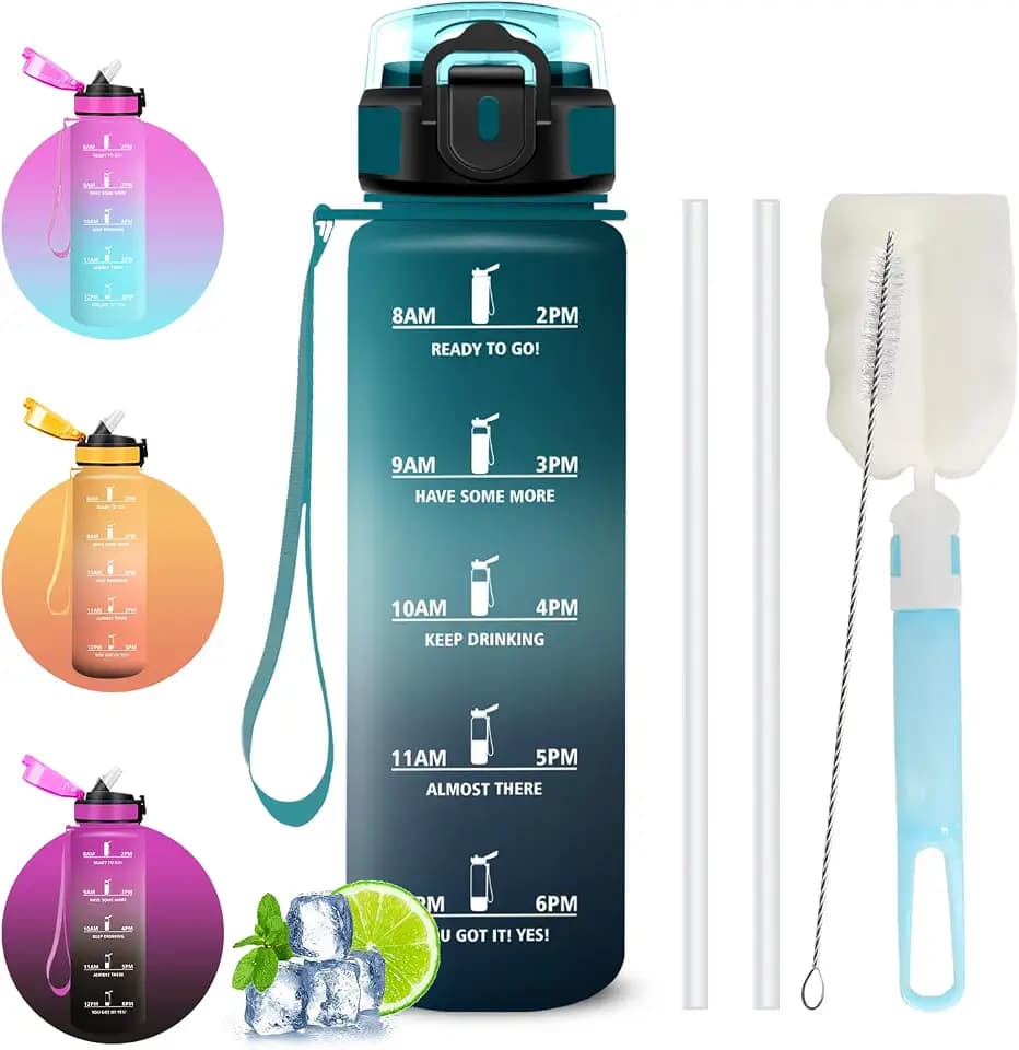 Trinkflasche 1l, Trinkflasche Fitnessstudio, mit Strohhalm, Wasserflasche Auslaufsicher, Wasserflasche mit Strohbürste und Topfbürste, Leicht zu Reinigen, für Schule, fitnessstudio, Outdoor