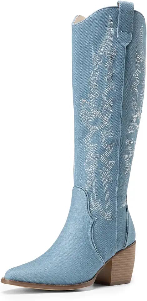 DREAM PAIRS Womens Cowboy Knee High Chunky Heel Boots
