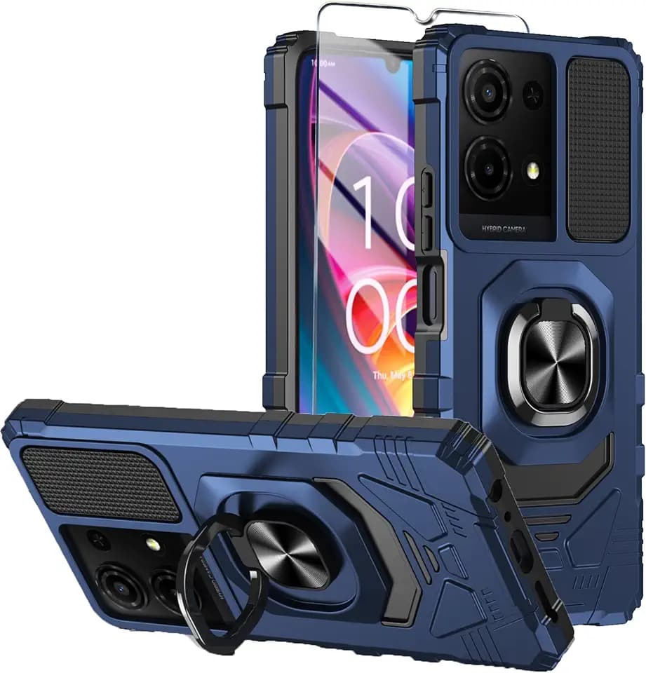 for TCL K32/K33 5G 2025 Phone Case with Tempered Glass Screen Protector,Military Grade Shockproof Protective Cover,with Ring Kickstand (Blue)