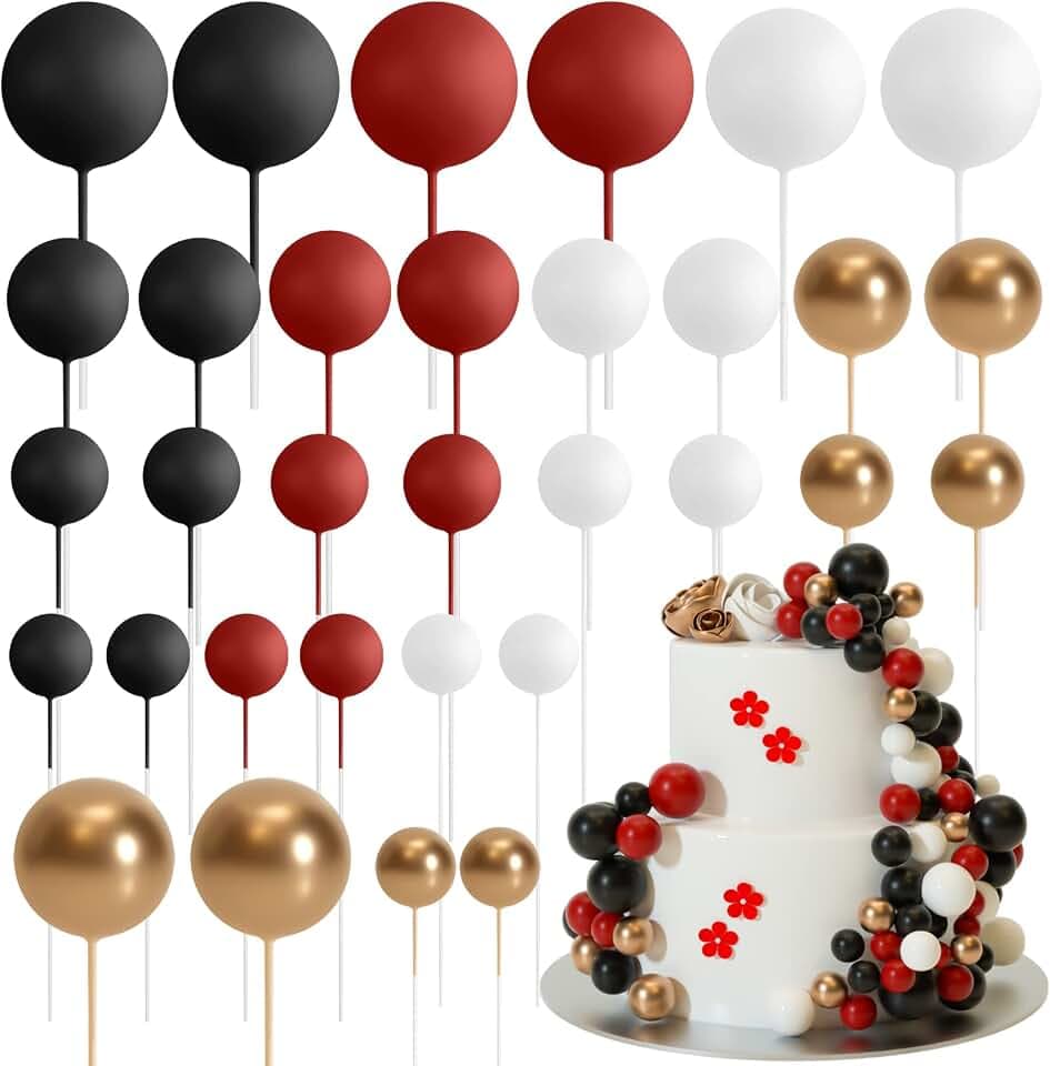 ASTARON 32 Stück Tortendeko Kugeln Cake Topper, Mini-Ballons Tortenaufleger für Hochzeit Party Babyparty Geburtstag Torte Dekorieren (Rot Schwarz)