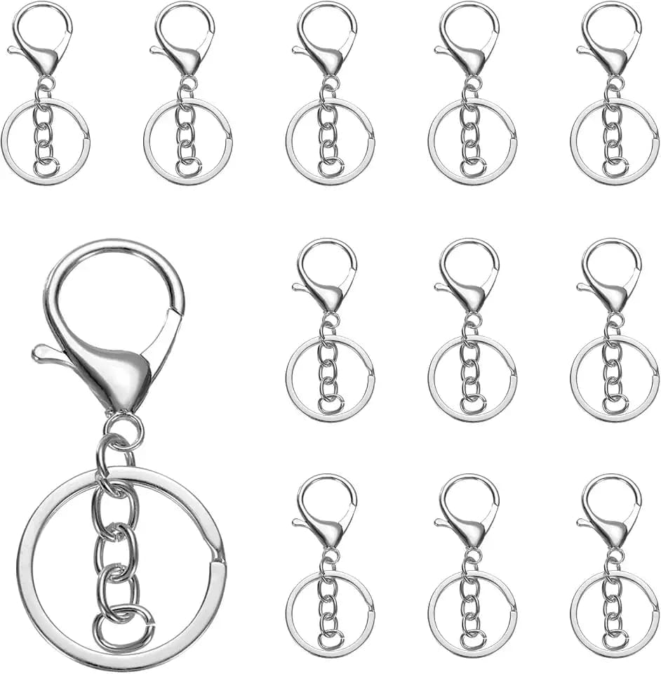 QUARKZMAN 12 Stück Schlüsselanhänger 12mm, Schlüsselring mit Flachem Karabiner und Kette für DIY Bastel, Glückswürmchen, Sorgenwürmchen, Makramee (Weiß K)