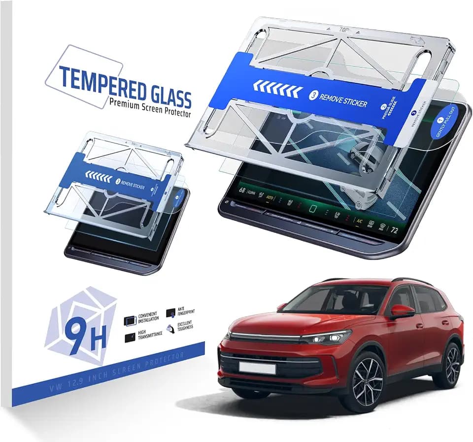 For VW Volkswagen ID.3/ID.4/ID.Buzz 2024-2026 & Golf/GTI/Tiguan 2025-2026 12.9 Inch Glossy Screen Protector - [More Clear& Smooth] - 9H+ Tempered Glass - Mounting Frame One-Pull Installation