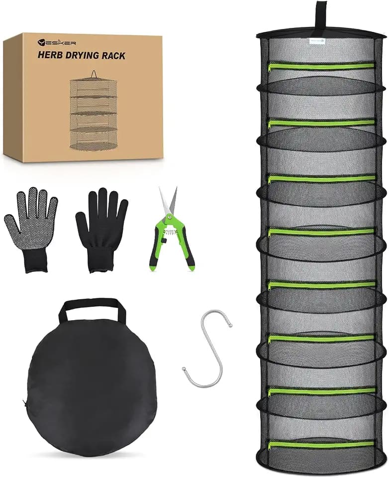 Yesker 8 Layer Herb Drying Rack Hanging Mesh Foldable Plant Drying Racks 24" w Green Zipper Pruning Shears Gloves Dryer Hanging Rack for Herbs Seed Bud Fruit Clothes Grow Tent Closets Garden Outdoor