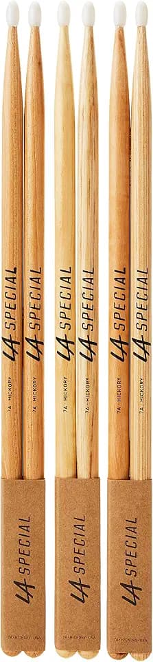 LA Specials Hickory 7A Drum Sticks, Nylon Tip, 3-Pair Pack
