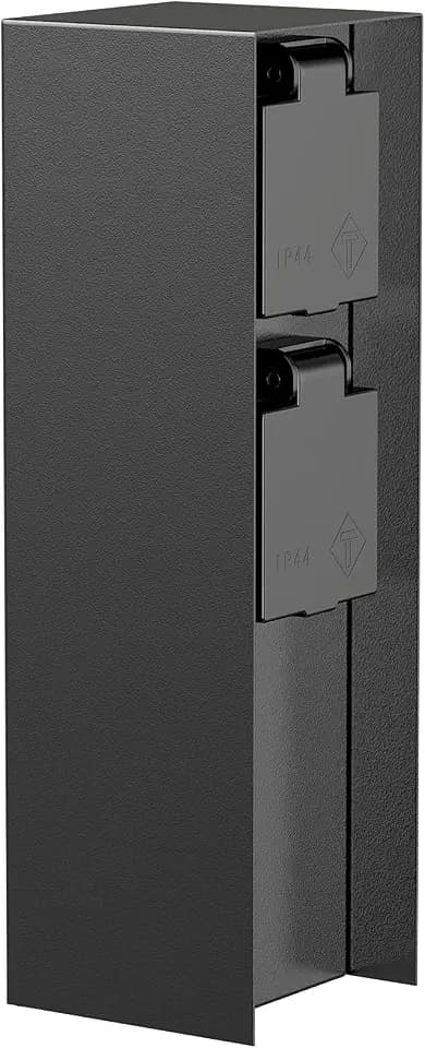 ledscom.de Garten Steckdosensäule POMI für außen, IP44, 2-Fach, Edelstahl, schwarz, eckig, 23 cm