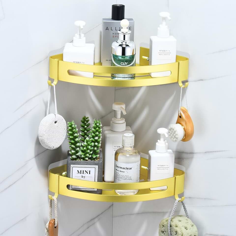 Duschregal Eckregal aus Aluminium in Glanzender Sand Gold – Rostfrei, Duschablage Ecke Ohne Bohren mit 4 Haken Badregal zum Aufkleben für Shampoo, 2 Stück