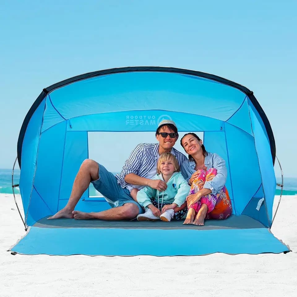 OutdoorMaster Updated Beach Tent for 3-4 Person - Easy Setup and Portable Beach Shade Sun Shelter Canopy with UPF 50+ UV Protection Removable Skylight Family Size -Sky Blue