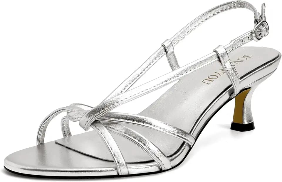 Strappy Kitten Heel Sandals for Women Slingback Round Toe Heeled Sandals