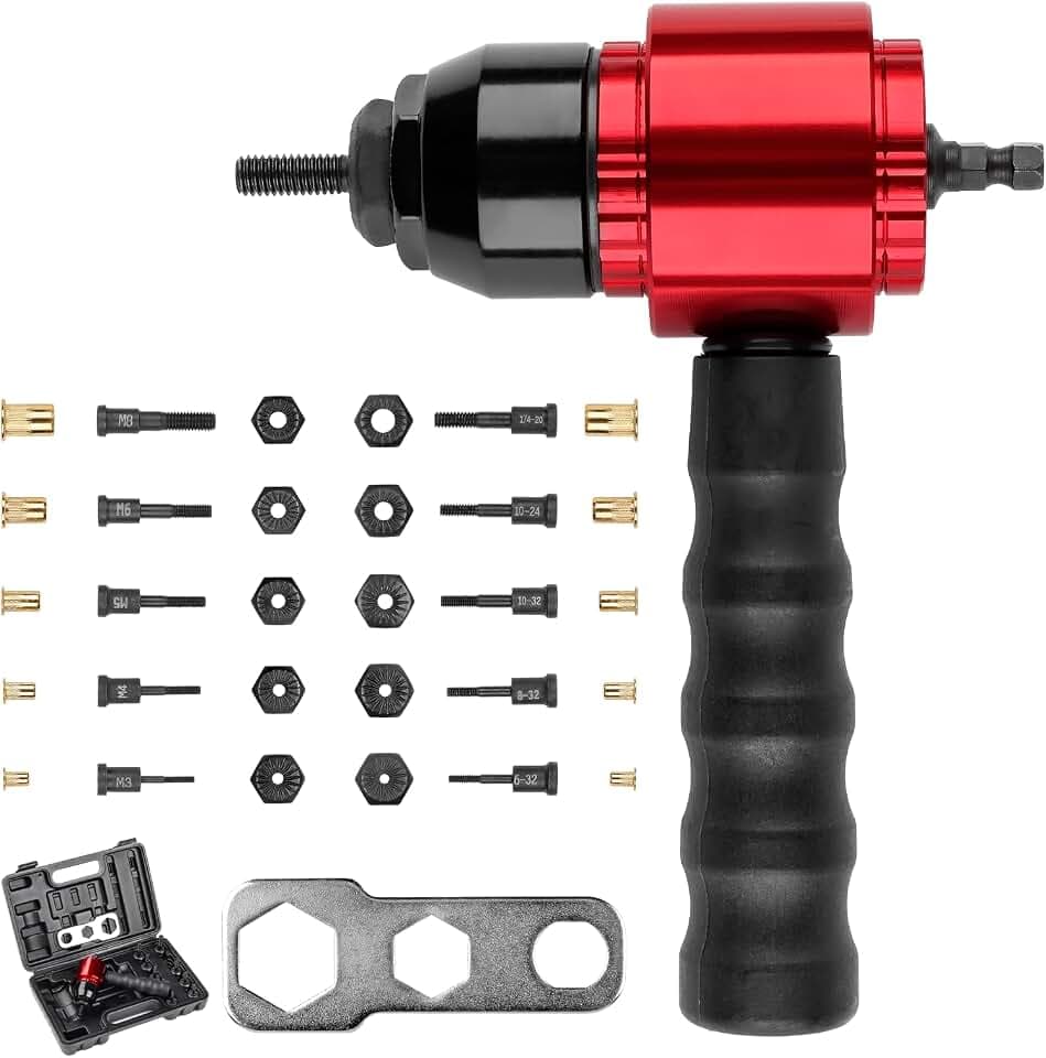 YUZES Nietmutter-Werkzeugadapter für Akku-Bohrmaschinen, arbeitssparendes Nietpistolen-Set mit 5 metrischen und 5 SAE-Dornen und 50 Stück sortierten Nietmuttern, robuste Tragetasche