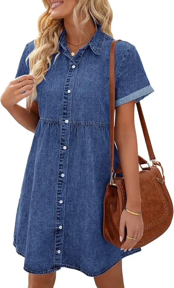 LookbookStore Denim Dress for Women Short Sleeve Flowy Babydoll Jean Dress