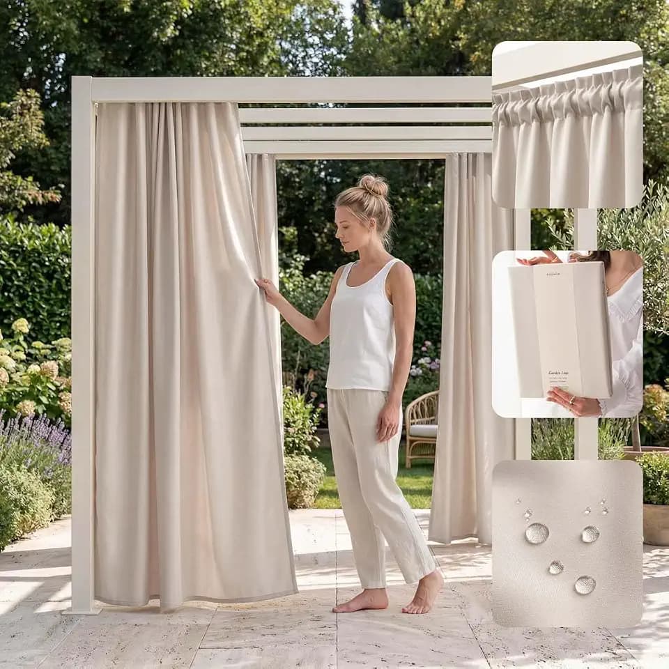 ROOM99 Outdoorvorhäng mit Kräuselband Garden Line 155 x 220 cm Breite x Höhe Outdoor Vorhang wetterfest Wasserdicht Sichtschutz Sonnenschutz Gardinen Garten Winddicht Hellbeige, 1 Stück