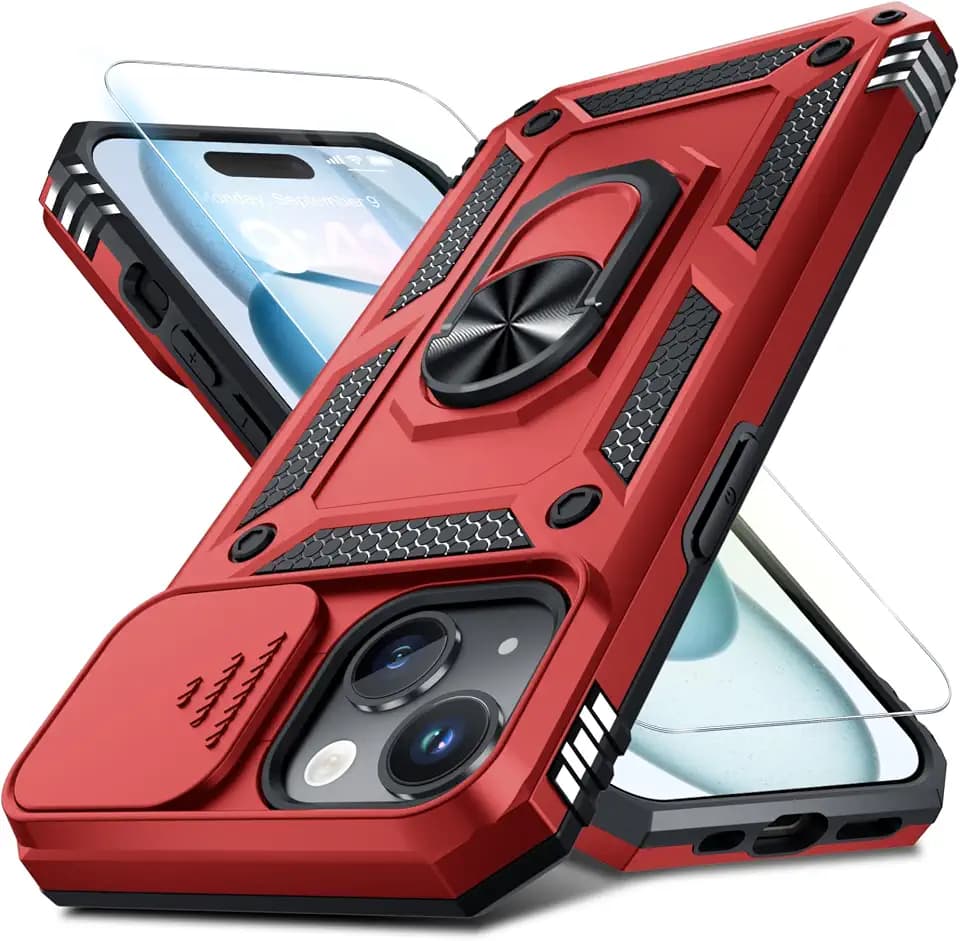 Janmitta for iPhone 15 Phone Case Built in Slide Camera Lens Cover Red