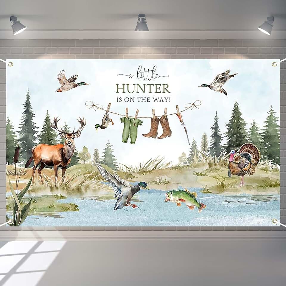 Duck Hunting Baby Shower Banner Mallard Duck Hunter Clothes Baby Shower Photography Backdrop A Little Hunter is On The Way Party Decorations Photo Booth Props (6x3.6ft)