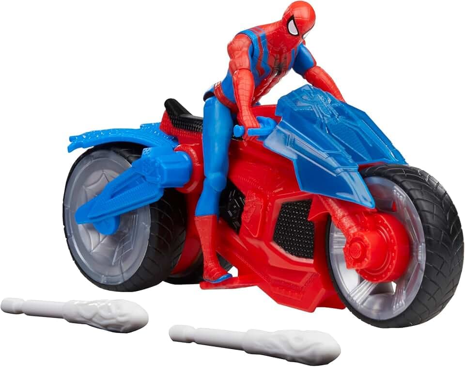 Spider-Man Marvel Web-Motorrad Spielzeug-Set mit 10 cm großer Action-Figur und 2 Netz-Projektilen, Rot