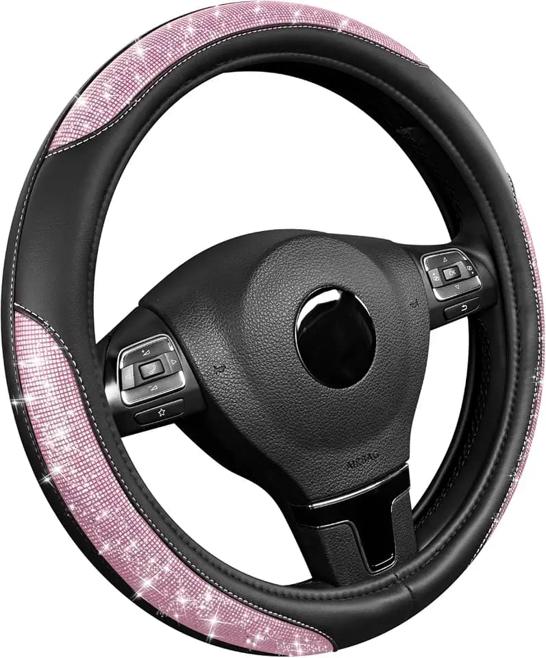 Road Comforts Pixel Glitter Steering Wheel Cover, 14.5–15 Inch Leather Steering Wheels Snug Fit, Anti-Slip Leather Grip, Elegant Sparkle Design, Universal Fit - Light Pink