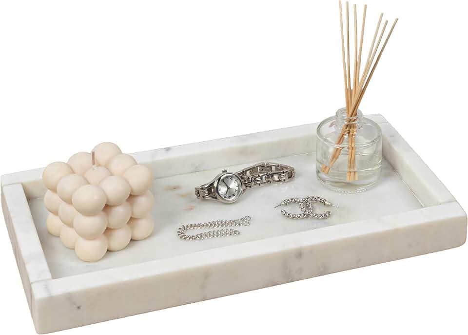 happimess Luxe Stone Rectangular Bathroom Tray 12" x 6", White Marble