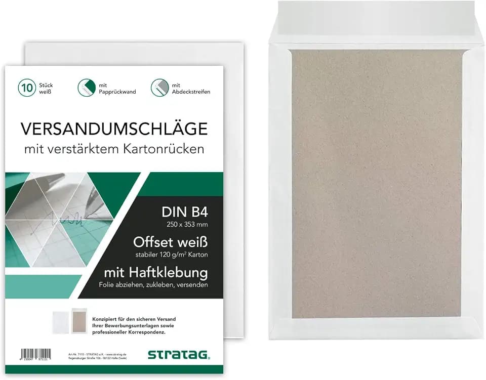 20 Stück Premium Versandtaschen B4 in Weiß, mit Papprückwand, Haftklebung und Abdeckstreifen, 250 x 353 mm (2x 10 Stück Packungen)
