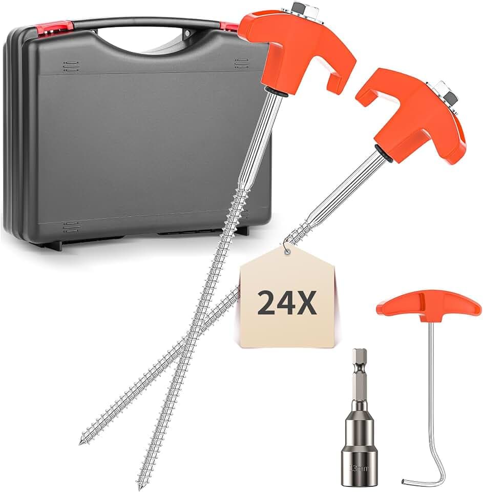 24Pcs Schraubheringe Zelt-Heringe aus Stahl Camping Zeltheringe Set mit Aufbewahrungsbox 25CM Heringe Erdnägel Stabil Mit Camping Heringe Zieher Sechskantbohrer für harten Boden Wald Gras