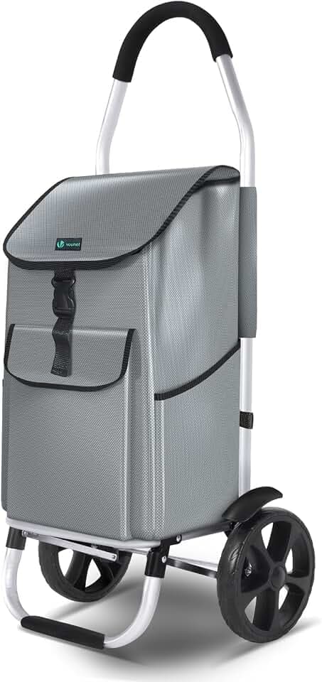 VOUNOT® Einkaufstrolley Klappbar aus Aluminium mit 58L Wasserdichter Tasche, 2 Extra große Räder mit Schutzblech, Faltbarer Einkaufswagen, Treppensteiger Trolley, Grau