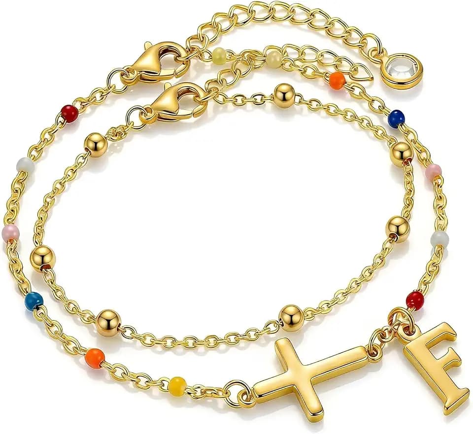 Initial Charm Bracelet for Women 2pcs Layered Beaded Cross Jewelry Set
