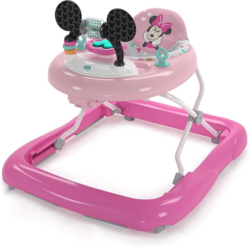 Bright Starts, Disney Baby, Minnie Mouse, Tiny Trek, Forever Besties, 2 in 1 Lauflernhilfe mit abnehmbarer Spielstation, Lichtern und Liedern, höhenverstellbar, Minnie Maus, 12825, pink