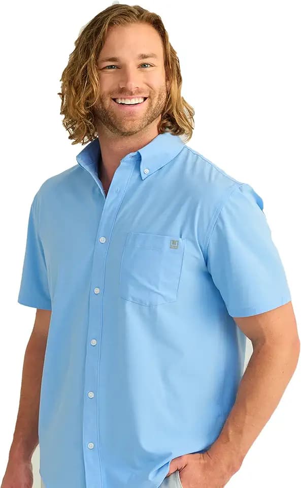 HUK Mens Kona Solid Short Sleeve Fishing Button Down Shirt for Men, Fresh Salmon, 3X-Large