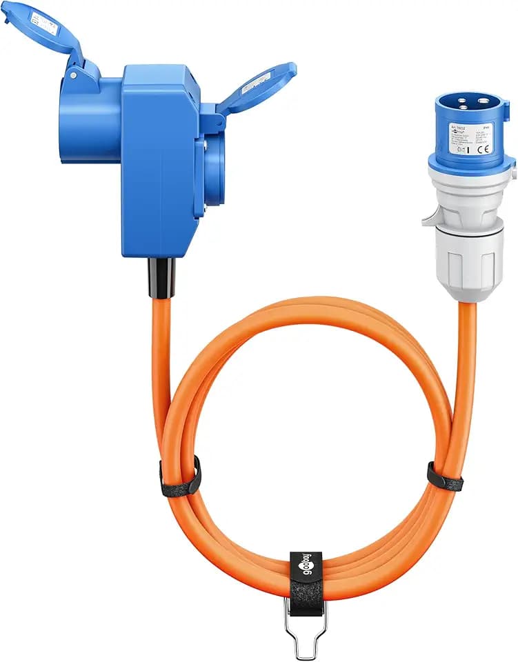 CEE-Caravan-Adapterkabel 5m, Stecker auf 90° CEE-Kupplung, Schutzkontakt