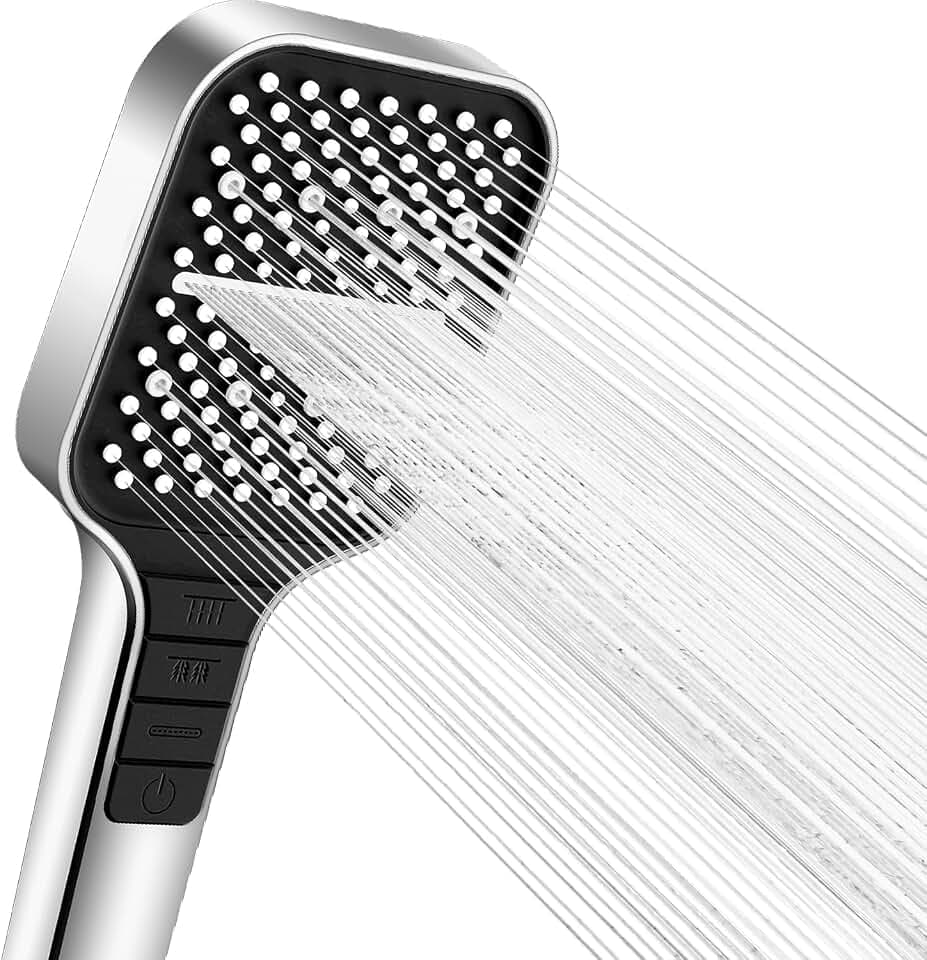 VEHHE Duschkopf Wassersparend, 7 Strahlarten Duschkopf Regendusche mit Stopptaste, Einhand-Einstellung und Anti-Stau-Silikondüse, Gross Duschbrause Druckerhöhend（Silber）