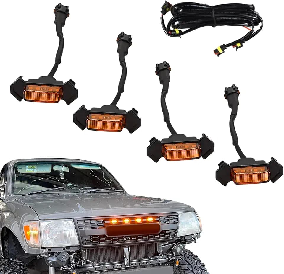 4PCS Grill Led Lights with Fuse Adaptor, Grill Lights for Trucks, Bright Amber Grille Bumper Raptor Lamps Kit, Waterproof Front Grille Trim Lamps Fit for Most Vehicles